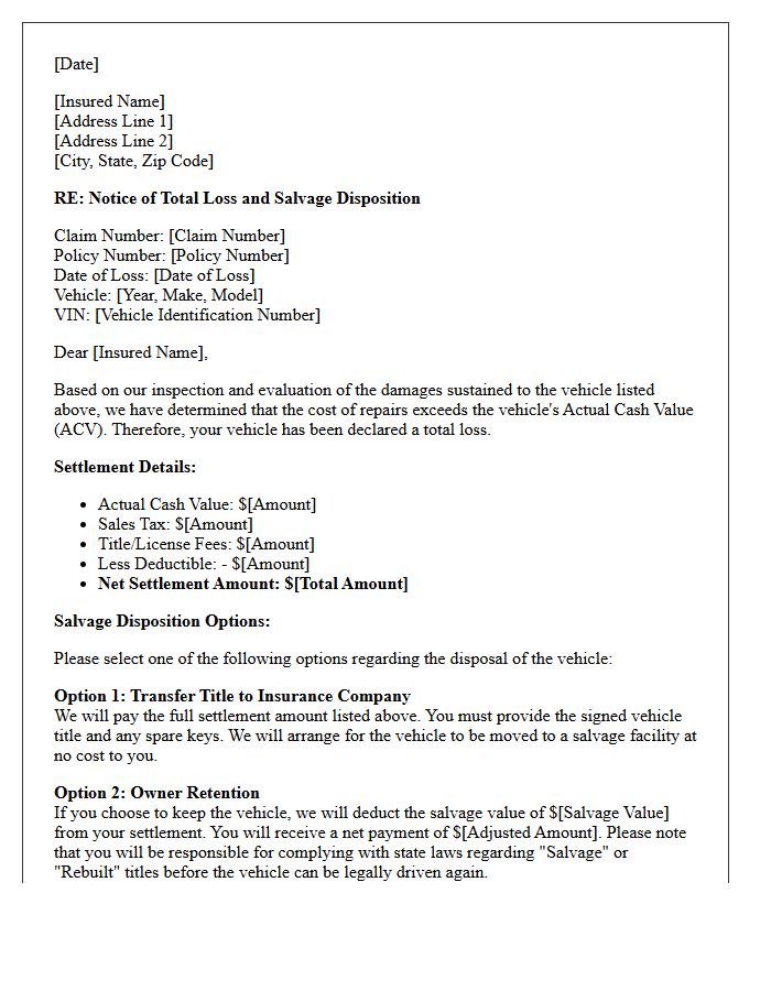 Insured Vehicle Total Loss and Salvage Disposition Letter