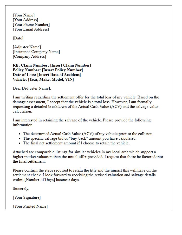 Collision Total Loss and Salvage Value Claim Letter