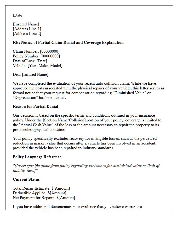 Auto Collision Depreciation Partial Claim Denial and Coverage Explanation Letter