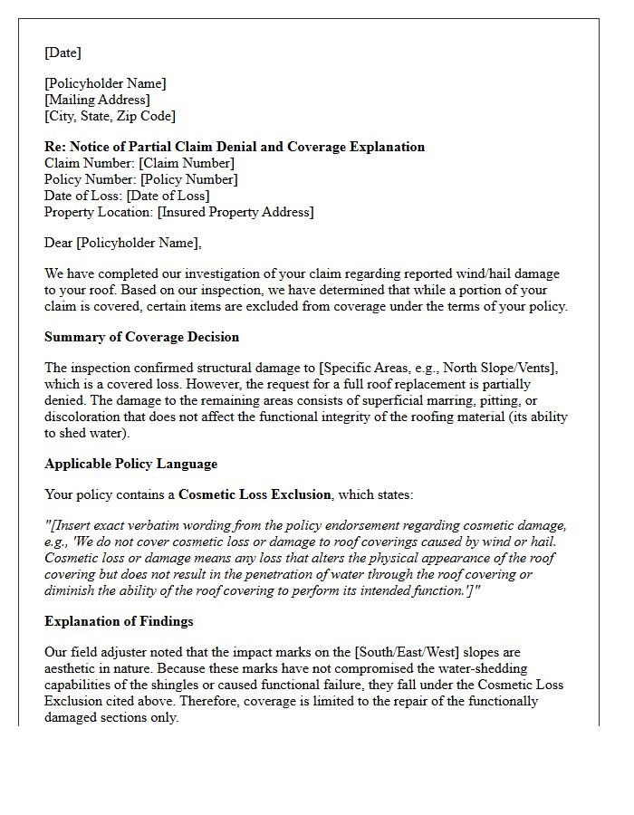 Roof Replacement Cosmetic Exclusion Partial Claim Denial and Coverage Explanation Letter