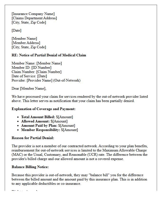 Out-Of-Network Medical Provider Partial Denial and Coverage Explanation Letter