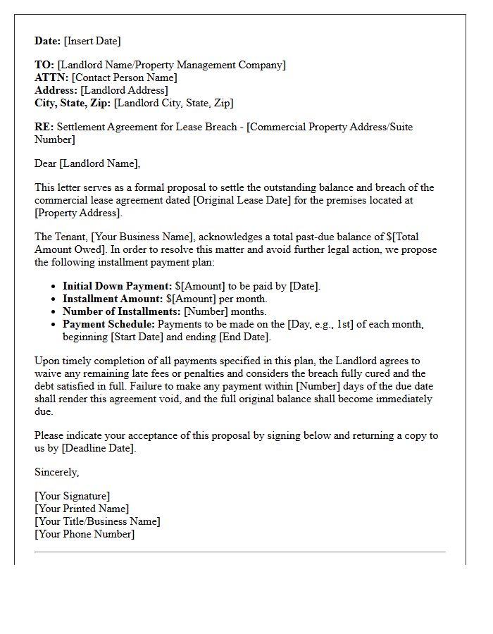 Installment Payment Plan Settlement Letter for Commercial Lease Breach