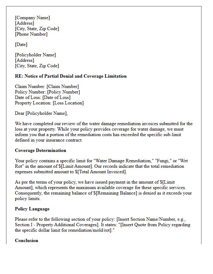 Water Damage Remediation Limit Exceeded Partial Denial and Coverage Explanation Letter