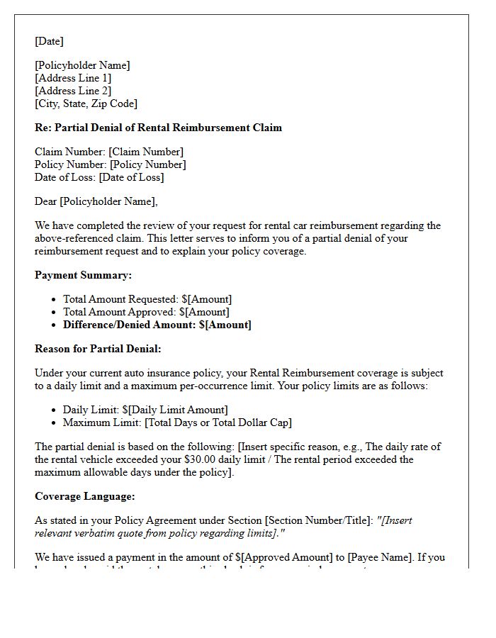 Auto Rental Reimbursement Cap Partial Claim Denial and Coverage Explanation Letter