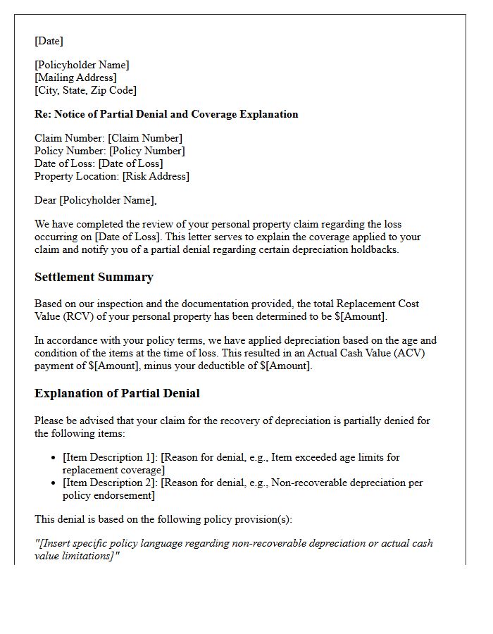 Homeowners Personal Property Depreciation Partial Denial and Coverage Explanation Letter