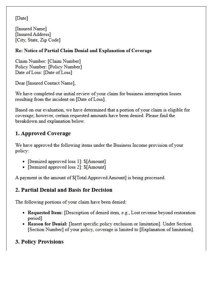 Business Interruption Loss Partial Claim Denial and Coverage Explanation Letter