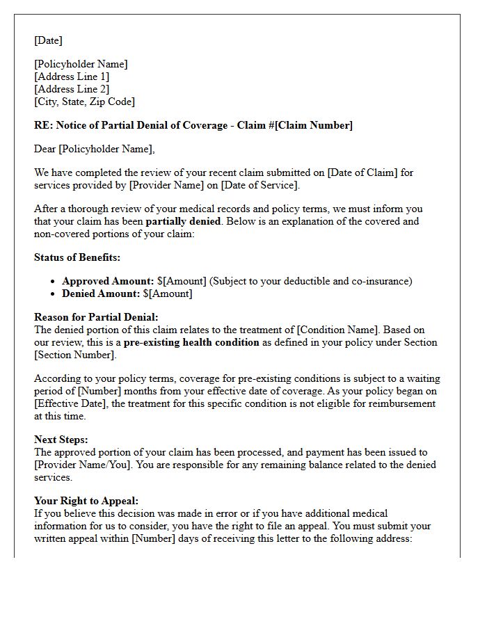 Pre-Existing Health Condition Partial Denial and Coverage Explanation Letter