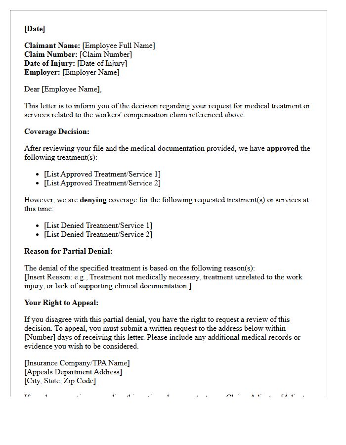 Workers Compensation Treatment Partial Claim Denial and Coverage Explanation Letter