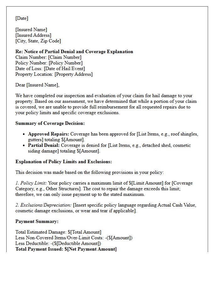 Hail Damage Policy Limit Partial Denial and Coverage Explanation Letter