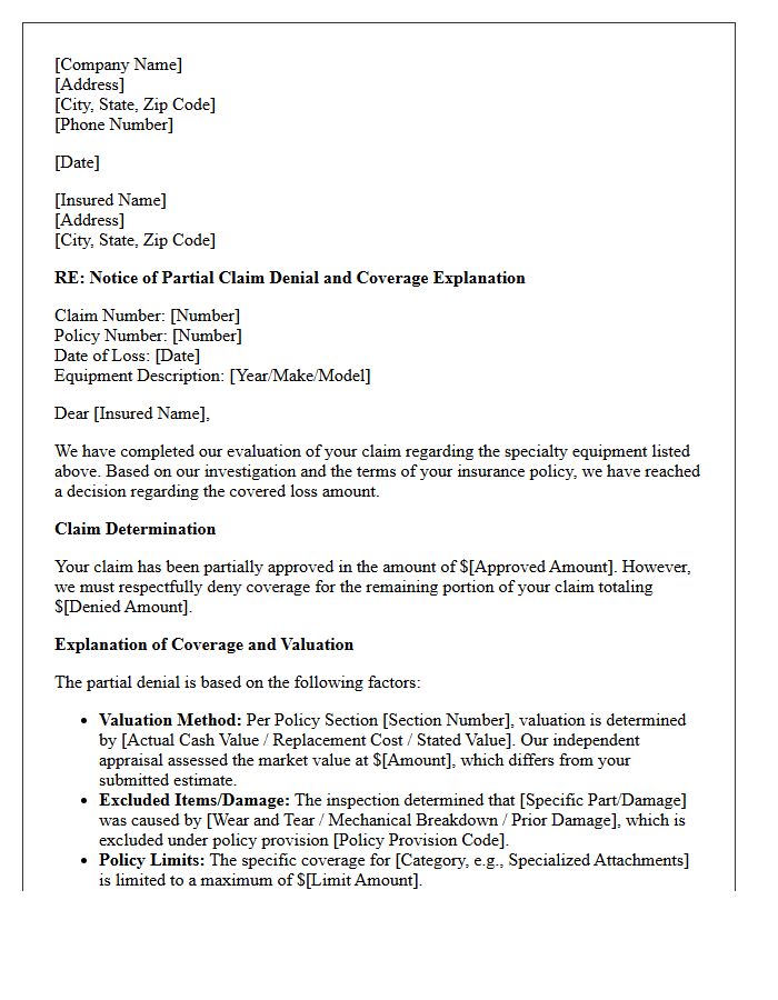 Specialty Equipment Valuation Partial Claim Denial and Coverage Explanation Letter
