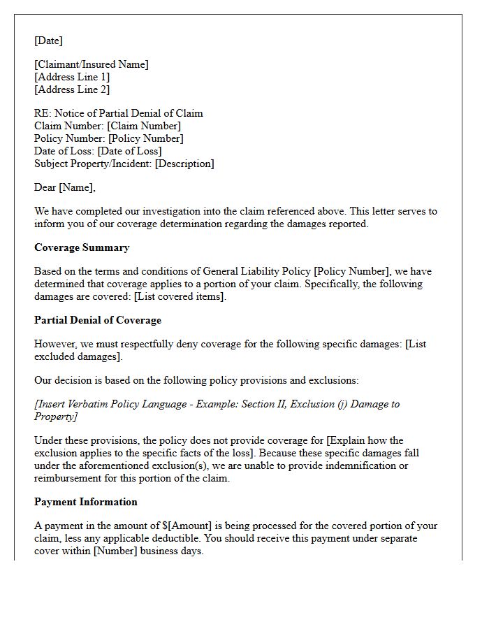 General Liability Excluded Damages Partial Denial and Coverage Explanation Letter