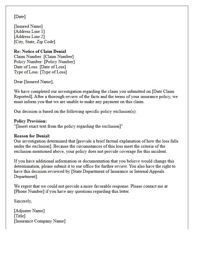 Full Claim Denial Letter Based on Policy Exclusions