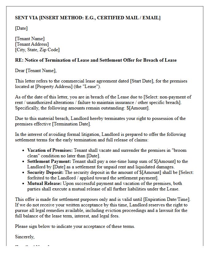 Early Termination Settlement Letter for Breach of Commercial Lease