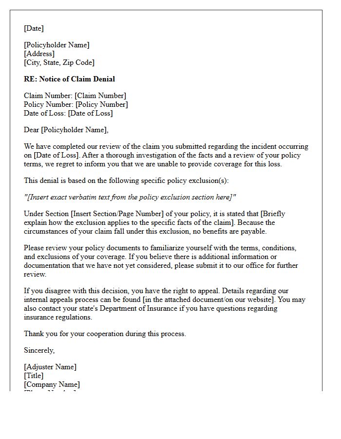 Notice of Claim Denial Letter Due to Policy Exclusions