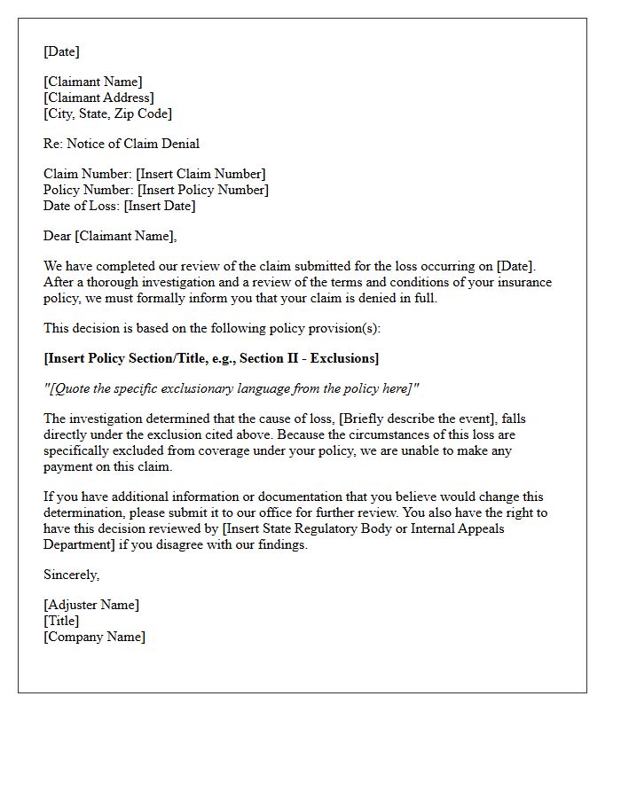 Official Letter of Full Claim Denial Under Excluded Coverage