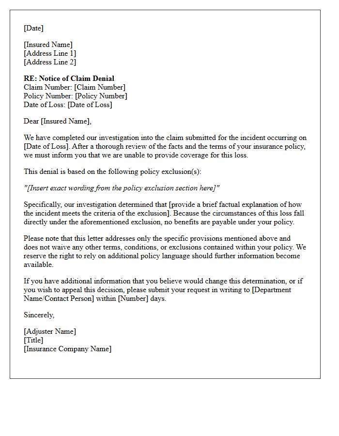 Complete Claim Denial Letter Subject to Policy Exclusions