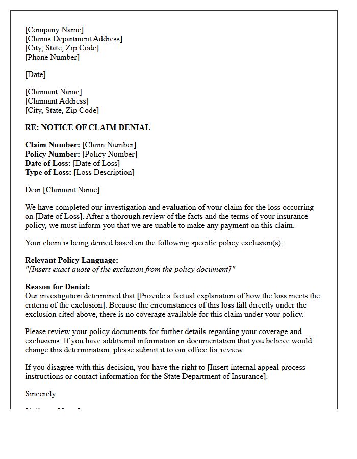 Determination Letter for Full Claim Denial by Policy Exclusion
