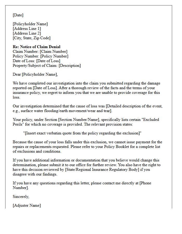 Formal Insurance Claim Denial Letter for Excluded Perils