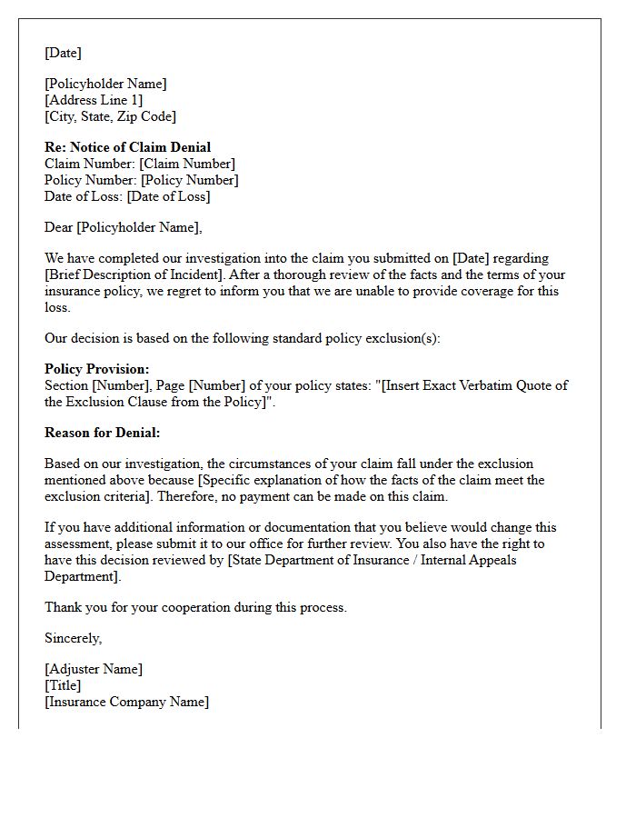 Total Claim Denial Letter Based on Standard Policy Exclusions