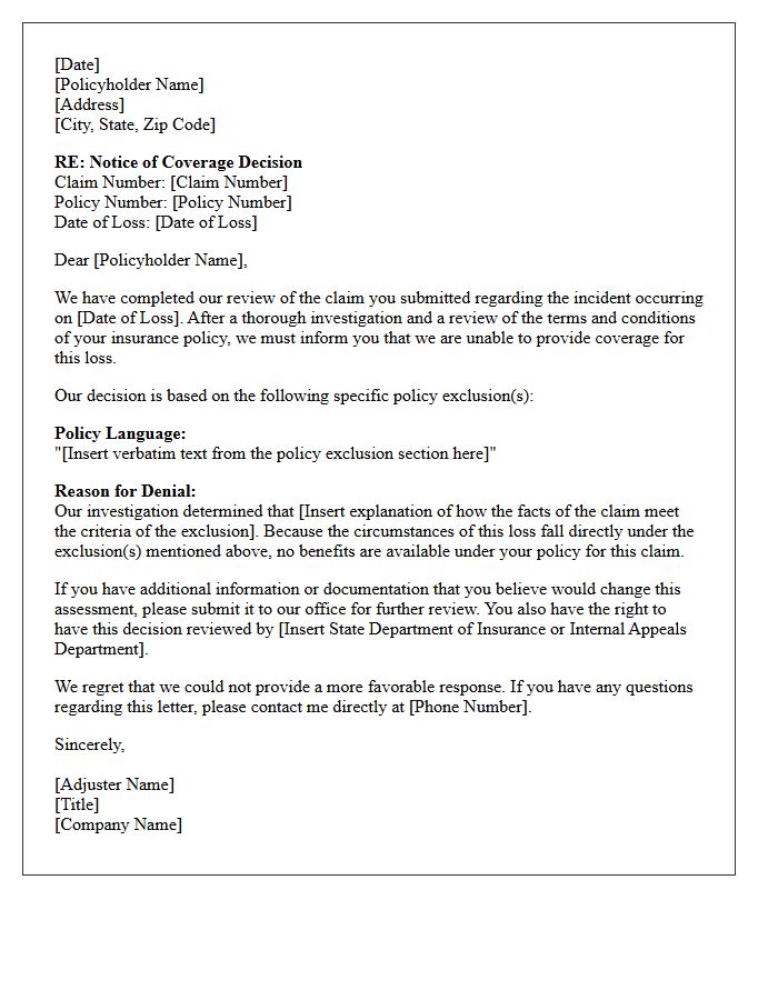 Coverage Decision Letter Denying Claim for Policy Exclusions