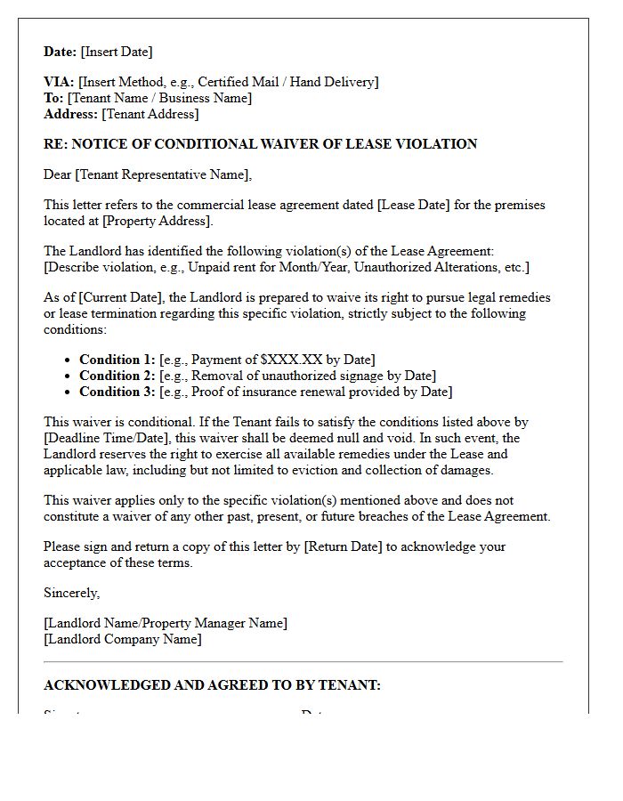 Conditional Waiver Settlement Letter for Commercial Lease Violation