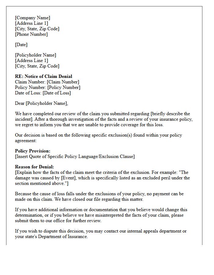 Standard Letter of Claim Denial for Uncovered Policy Exclusions