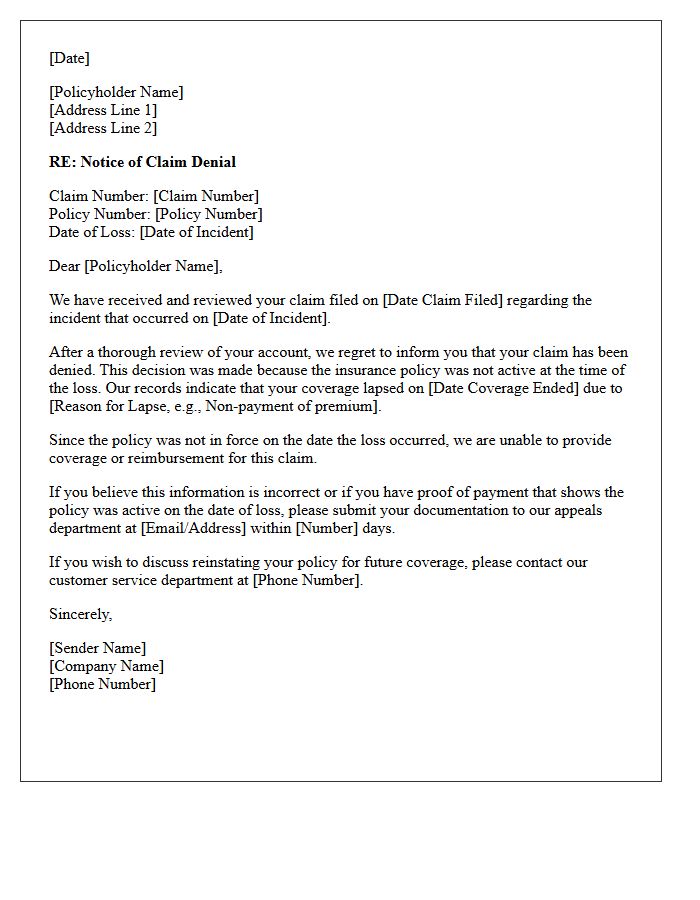 Claim Denial Letter Due to Lapsed Coverage