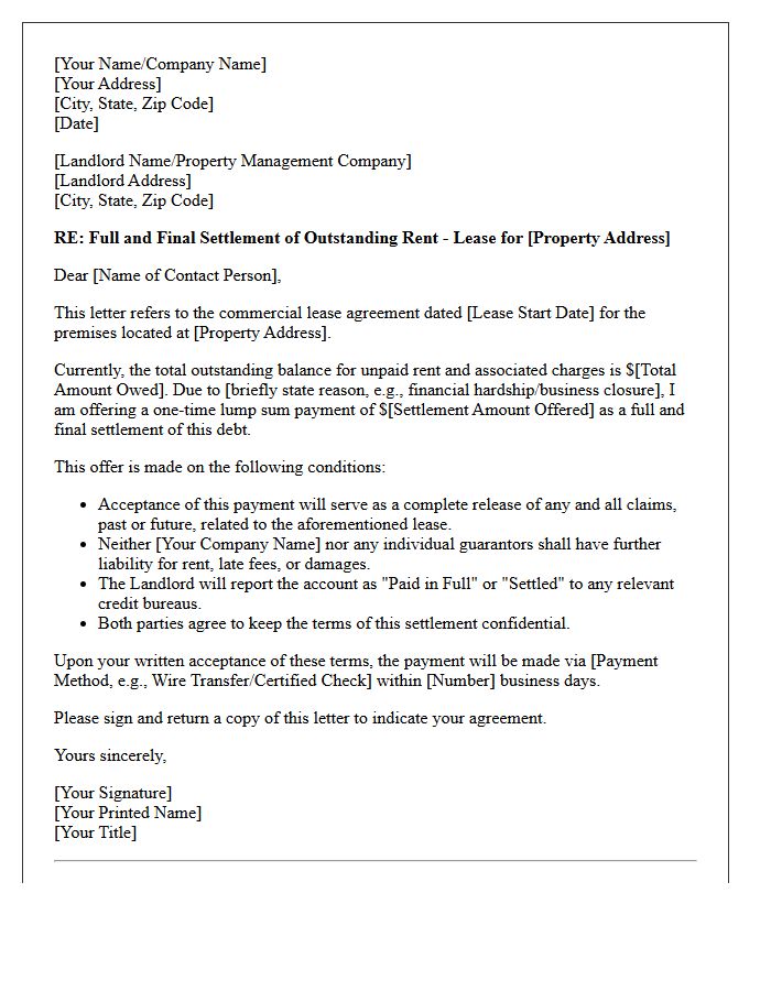 Full and Final Settlement Letter for Commercial Rent Default