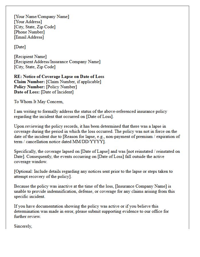 Letter Explaining Coverage Lapse on Date of Loss