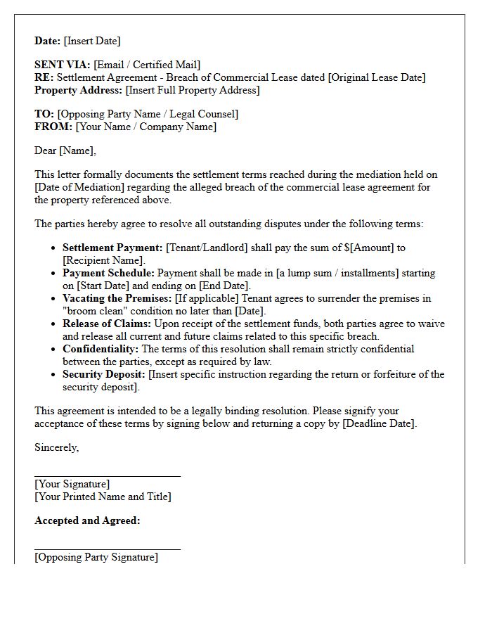 Mediation Resolution Settlement Letter for Commercial Lease Breach