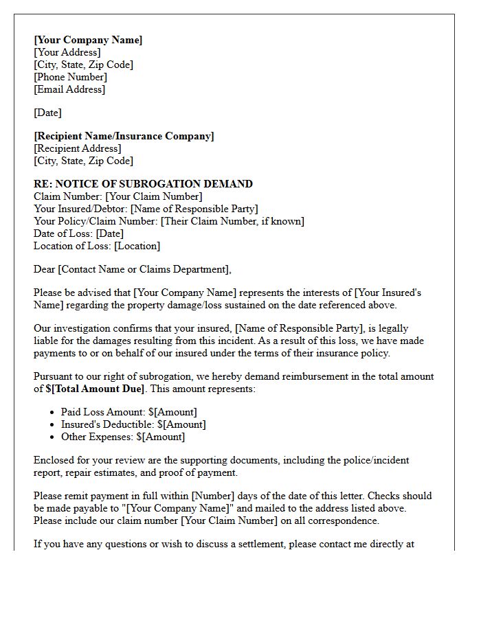 Formal Subrogation Demand Letter