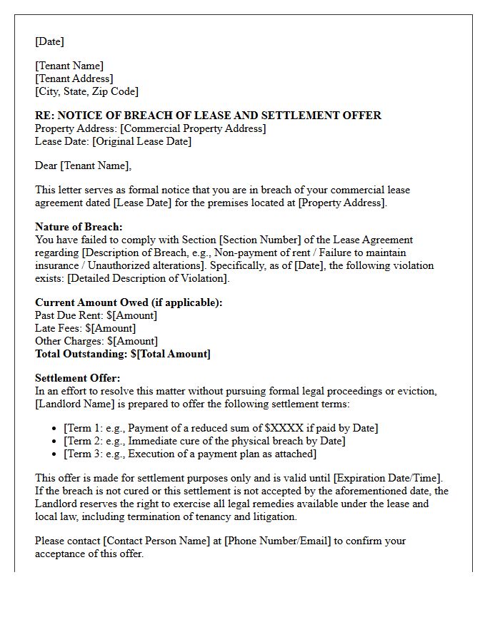 Notice of Breach and Settlement Offer Letter for Commercial Property