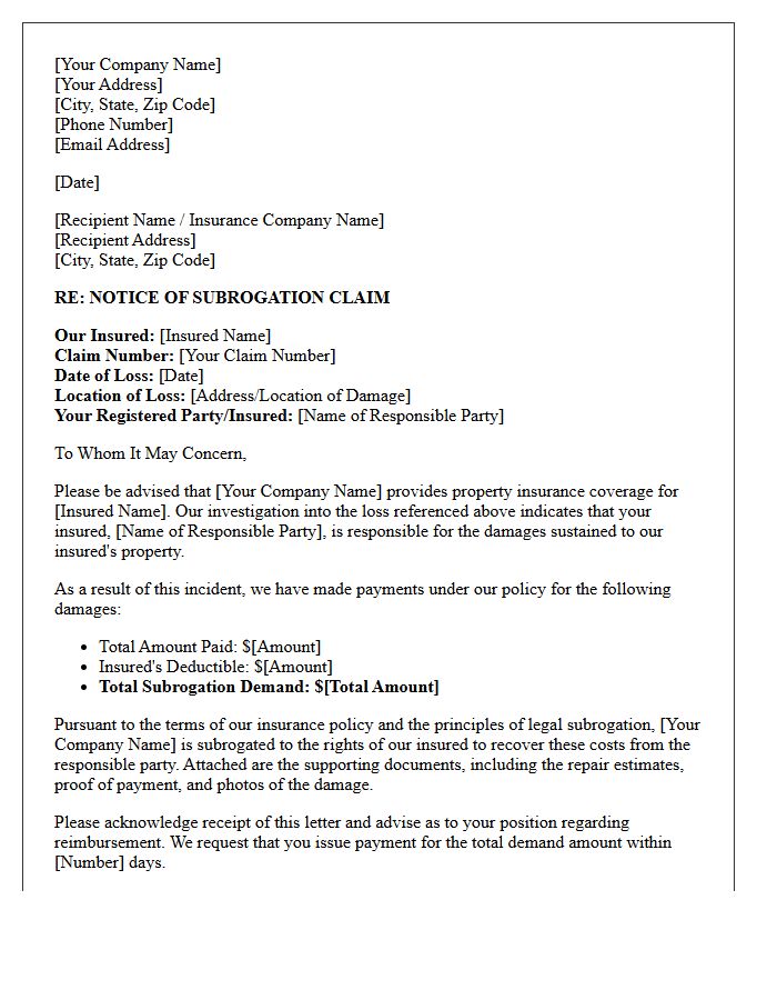 Property Damage Subrogation Letter
