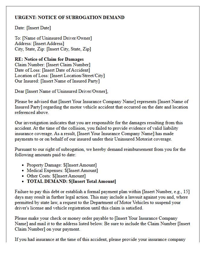 Uninsured Motorist Subrogation Demand Letter