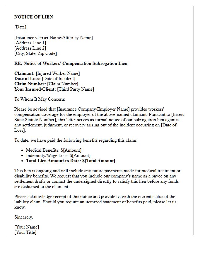 Workers Compensation Subrogation Lien Letter