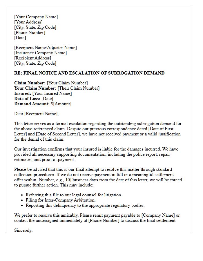 Subrogation Demand Escalation Letter