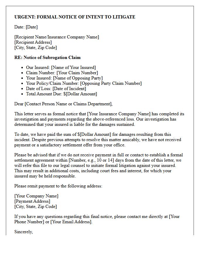 Notice of Intent to Litigate Subrogation Letter