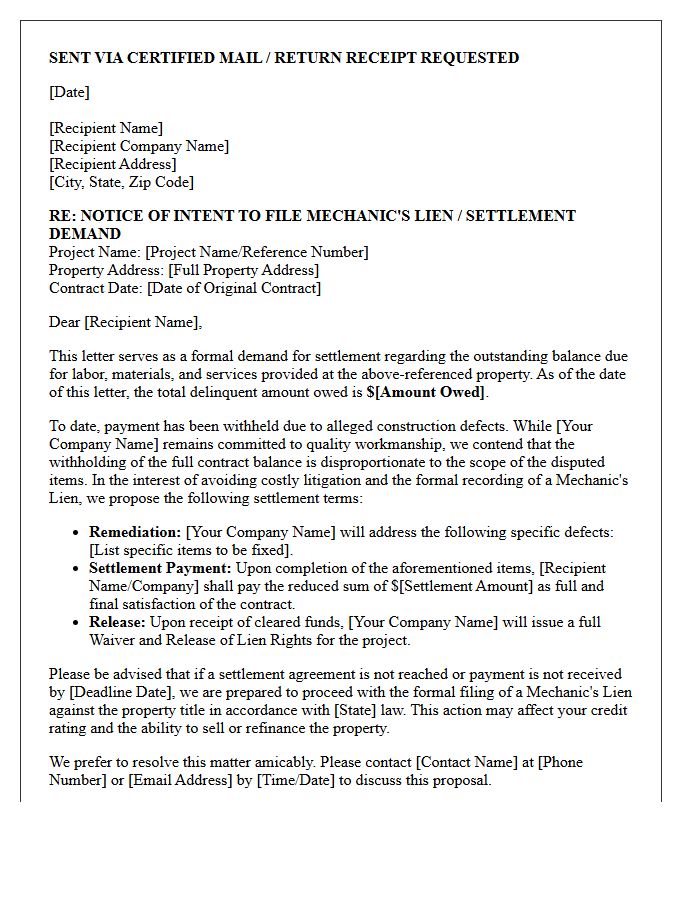 Initial Construction Defect Mechanic's Lien Settlement Demand Letter