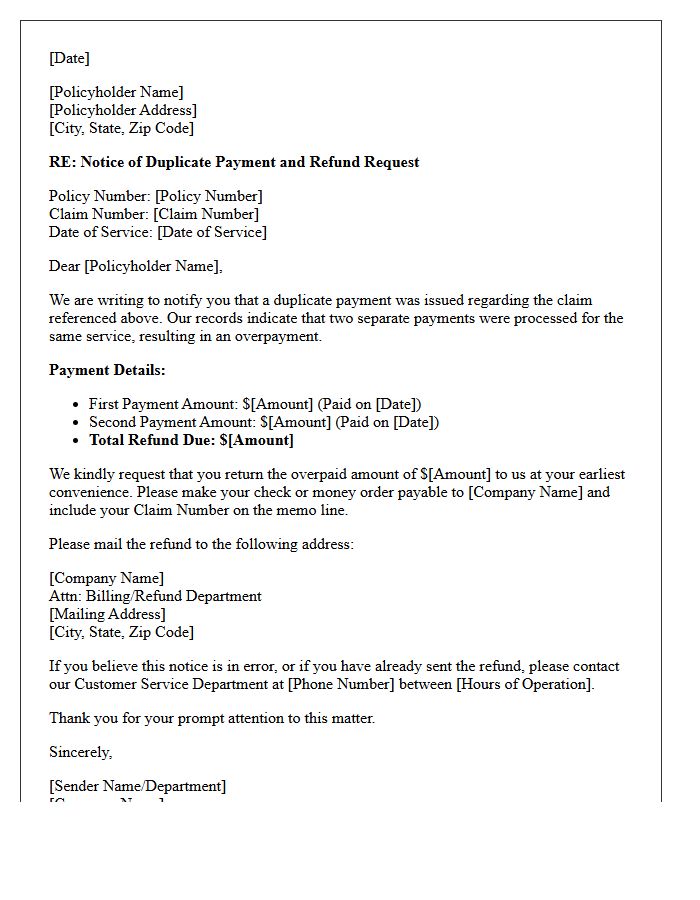 Policyholder Duplicate Payment Notice of Claim Overpayment and Refund Request Letter