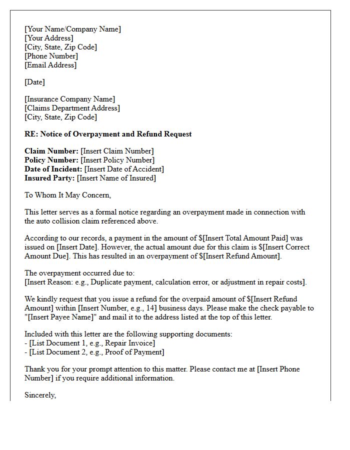 Auto Collision Notice of Claim Overpayment and Refund Request Letter