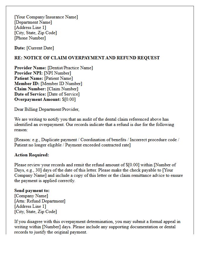 Dental Services Notice of Claim Overpayment and Refund Request Letter