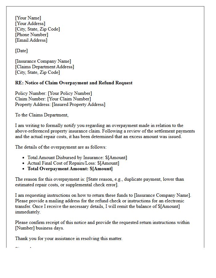 Property Insurance Notice of Claim Overpayment and Refund Request Letter