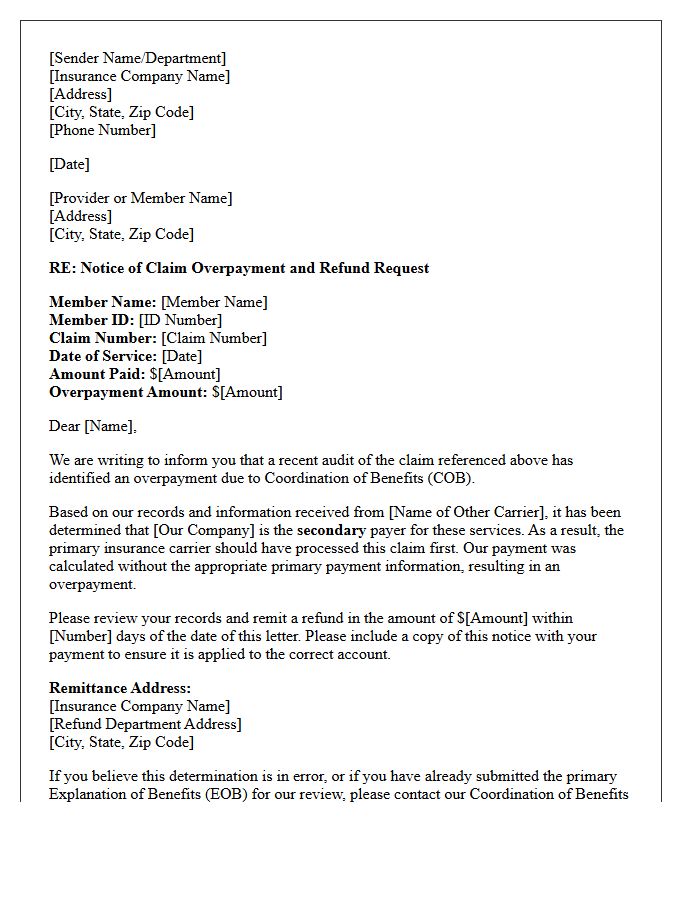 Coordination of Benefits Notice of Claim Overpayment and Refund Request Letter
