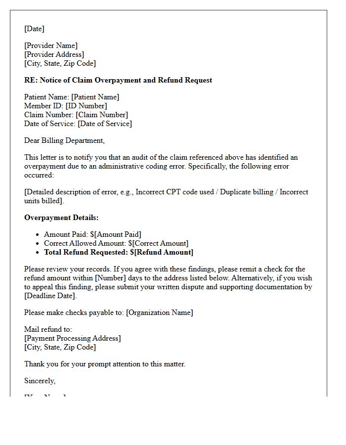 Administrative Coding Error Notice of Claim Overpayment and Refund Request Letter