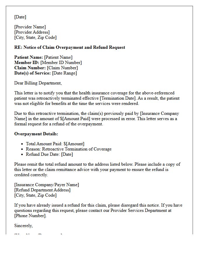 Retroactive Coverage Termination Notice of Claim Overpayment and Refund Request Letter
