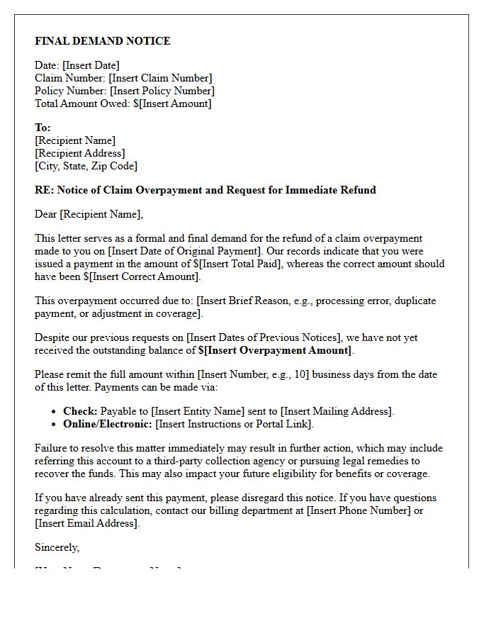 Final Demand Notice of Claim Overpayment and Refund Request Letter
