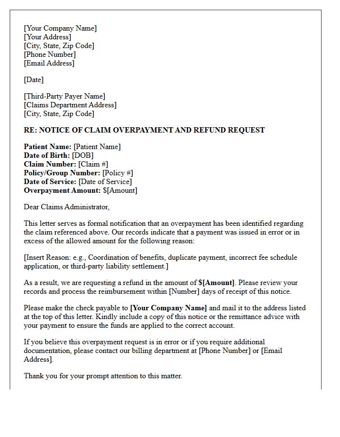 Third-Party Liability Notice of Claim Overpayment and Refund Request Letter