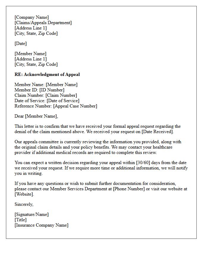 Standard Health Insurance Claim Appeal Acknowledgment Letter