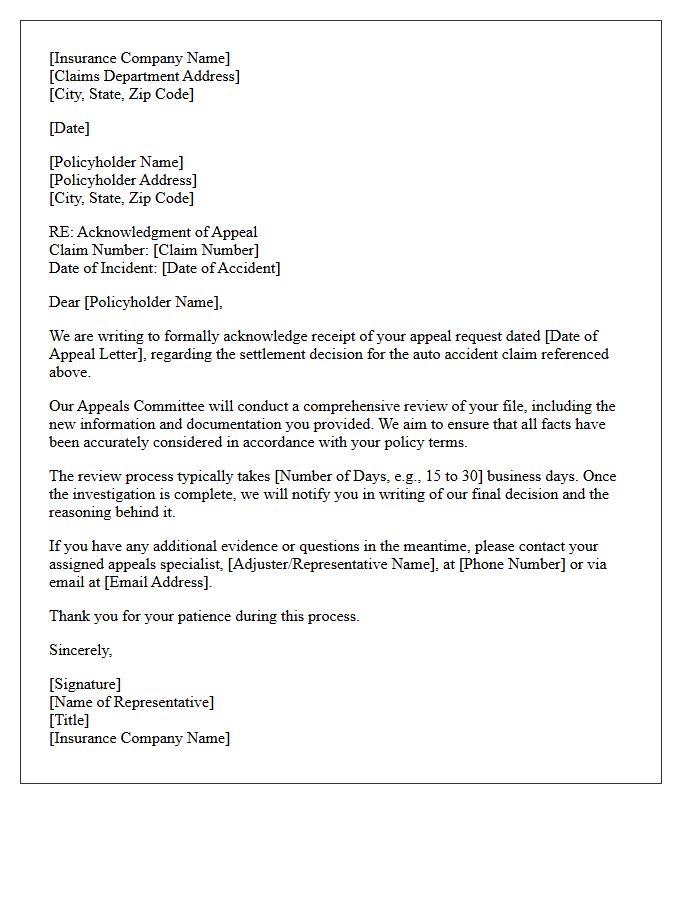 Auto Accident Claim Appeal Acknowledgment Letter