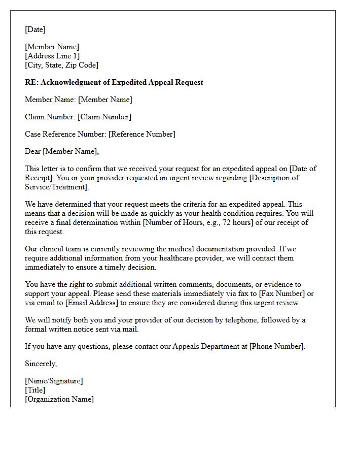 Expedited Medical Claim Appeal Acknowledgment Letter